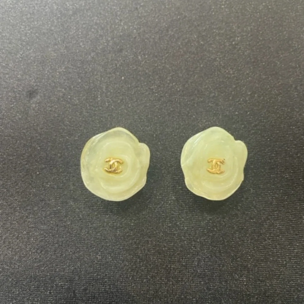 CHANEL Pale Yellow Camellia Flower Earrings with Gold CC Center